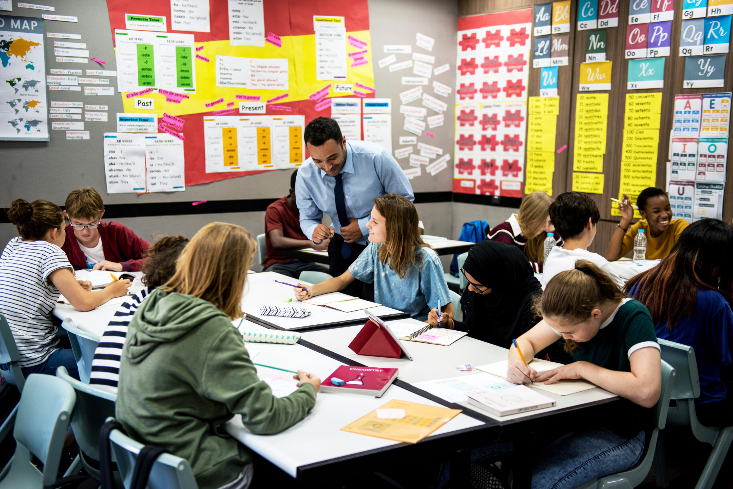 Students and teacher in a school classroom
