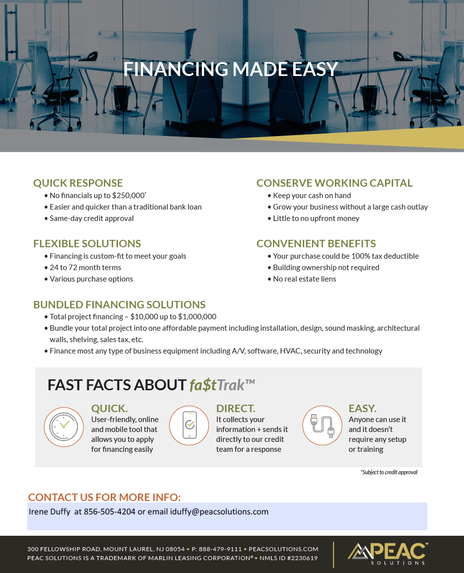 Financing Made Easy: quick response, conserved working capital, flexible solutions, convenient benefits, and bundled financing solutions.