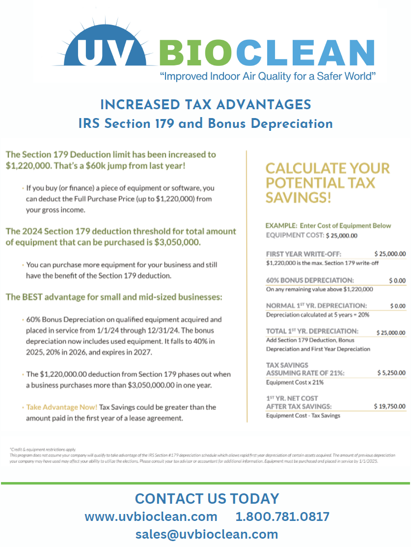 Tax Advantages for financing UV BioClean equipment.
