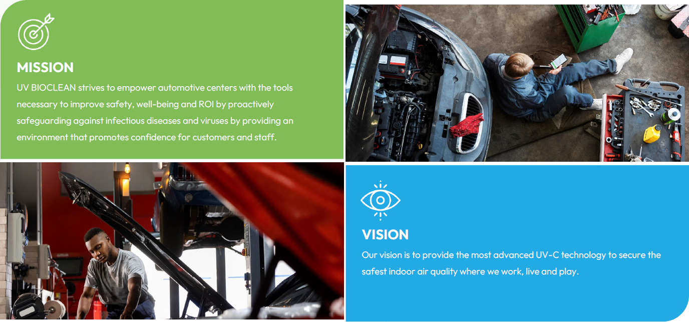 Automotive mission and vision for UV BIOCLEAN air disinfection.