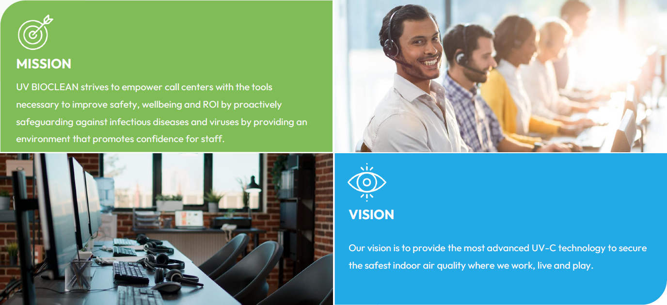 Call Center mission and vision for UV BIOCLEAN air disinfection.