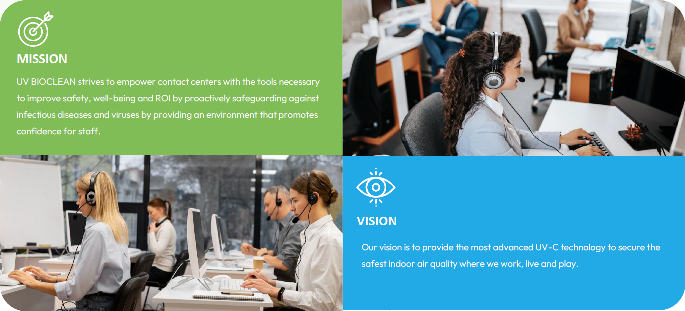 Contact Center mission and vision for UV BIOCLEAN air disinfection.