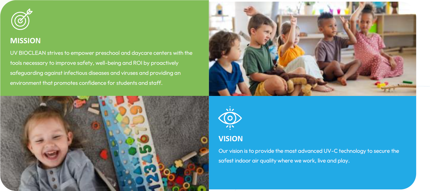 Daycare mission and vision for UV BIOCLEAN air disinfection.
