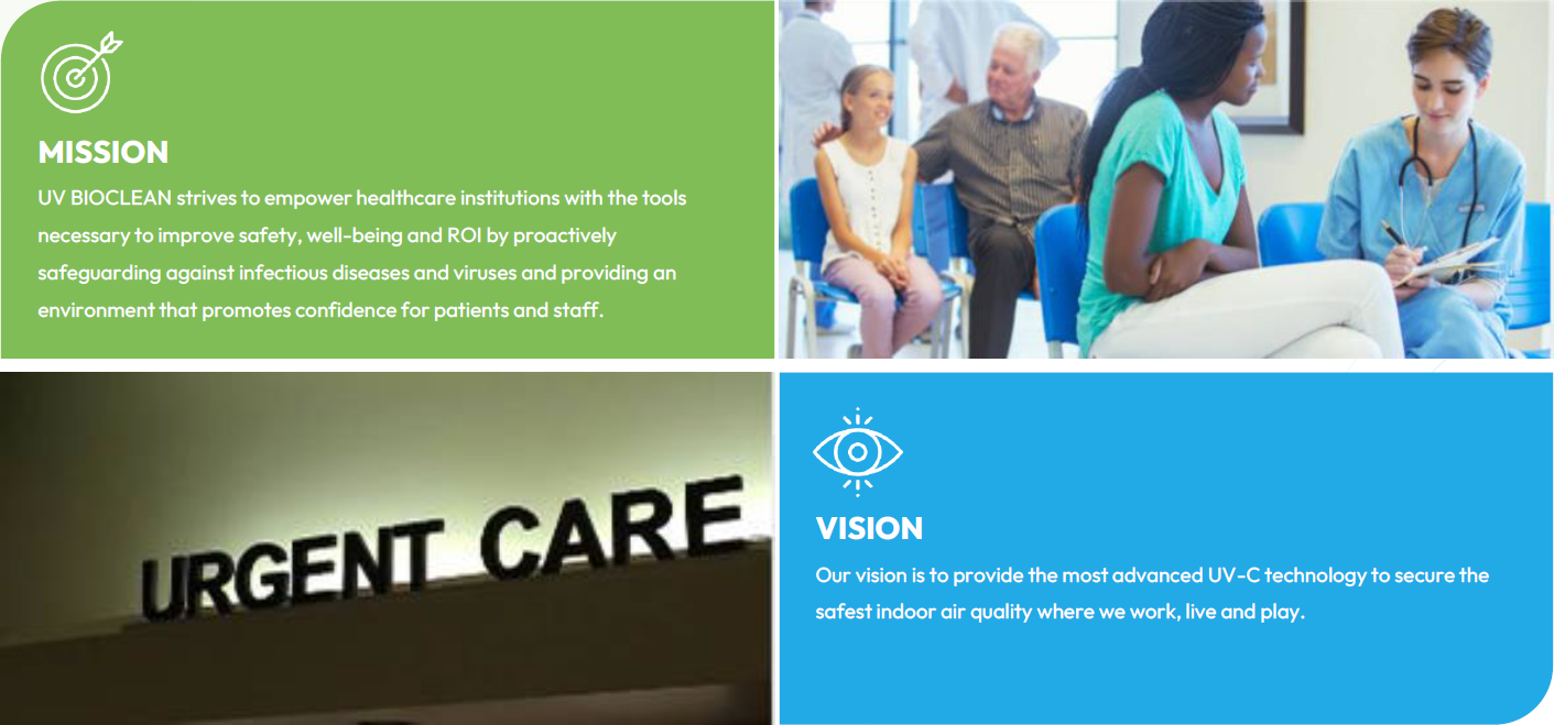 Healthcare mission and vision for UV BIOCLEAN air disinfection.