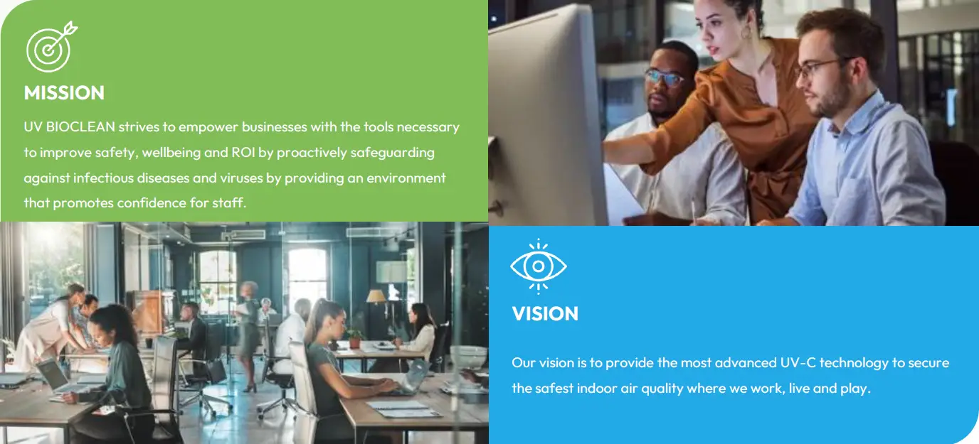 Office Space mission and vision for UV BIOCLEAN air disinfection.