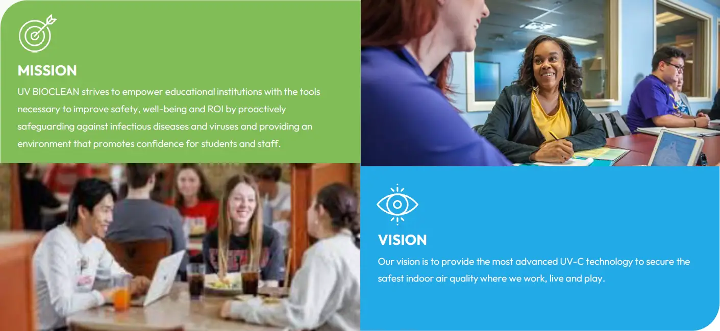 University mission and vision for UV BIOCLEAN air disinfection.
